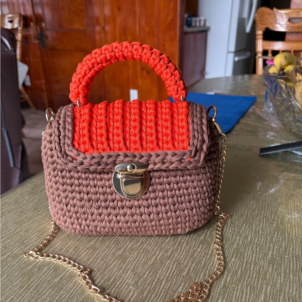 Handmade Crochet Top-Handle Bag in Brown and Orange - Compact Women’s Purse
